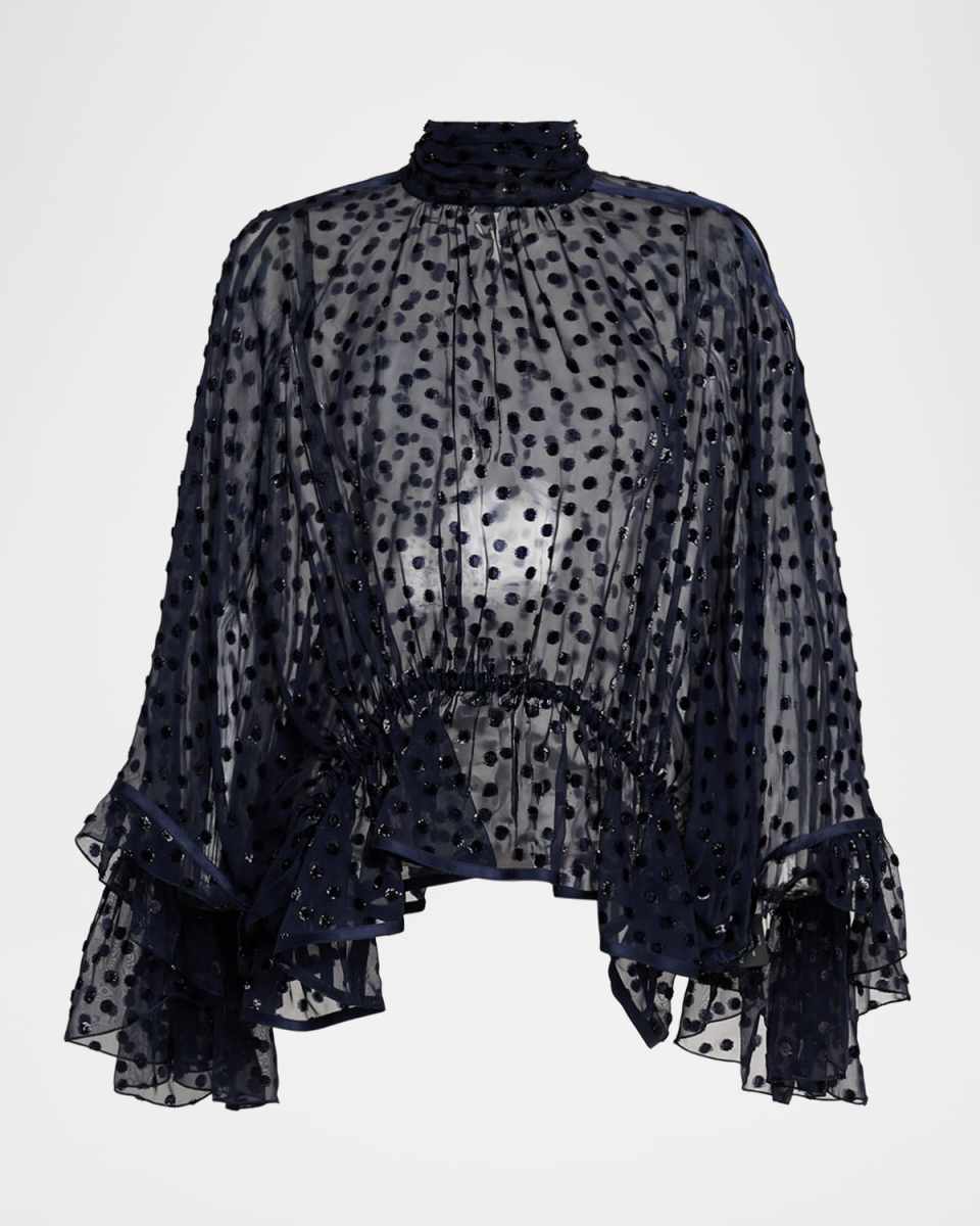 Polka Dot Sheer High-Neck Peplum Blouse
